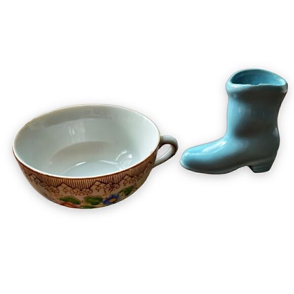 Lot of 2 Vintage Porcelain Miniatures Teacup and Light Blue Boot - Picture 1 of 12